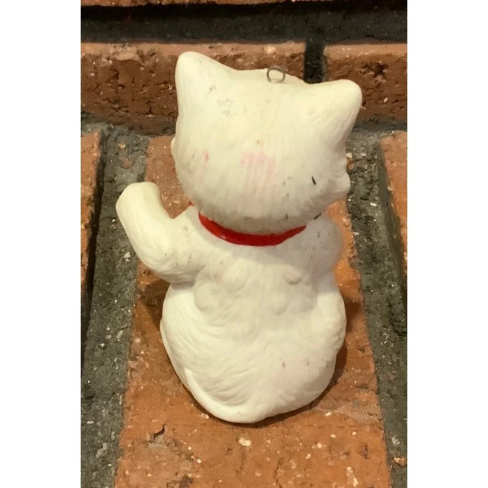 Vintage Glass‎ White Cat Kitten Red Bow Holly Christmas Ornament 3